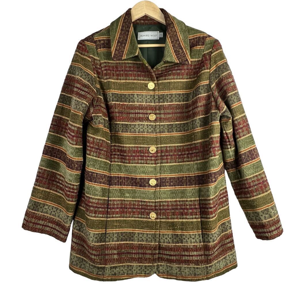 Vintage Oversized Striped TAPESTRY Gold Elephant Button Front Jacket Women's L